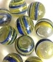 Picture of MJ3222B  HANDMADE 25MM Set of 10 Marbles, CLEAR w/BLUE & YELLOW STRIPES