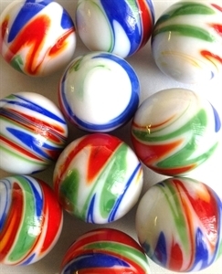 Picture of MJ3221B HANDMADE 25mm White w/blue, red, green, yellow swirls, set of 10 