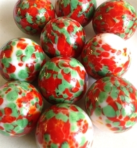 Picture of MJ3222BA  HANDMADE 25MM Set of 10 Marbles, WHITE w/GREEN, RED, & GOLD SPOTS