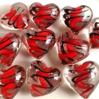 Picture of MM30551 Clear Glass Heart Shaped gems w/red and black swirls 1", 10PCS