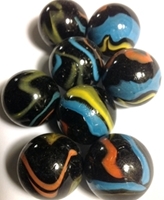 Picture of M233 25MM Black Base With Yellow, Light Blue And Orange Swirls Glass Marbles 